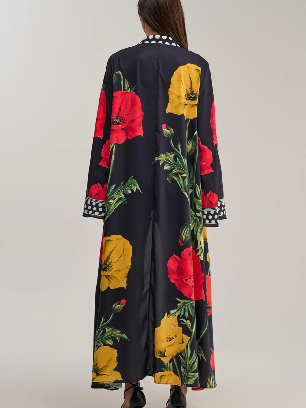 Akira Black Floral Maxi Duster Resort Cover Up Red & Yellow Poppies Size L XL - Picture 2 of 3